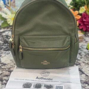 🔥 Auth Coach Charlie Pebbled Leather Backpack Size 12x10x3.75in Olive Green EUC